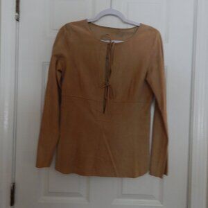Tan soft, thin, suede shirt with ties.